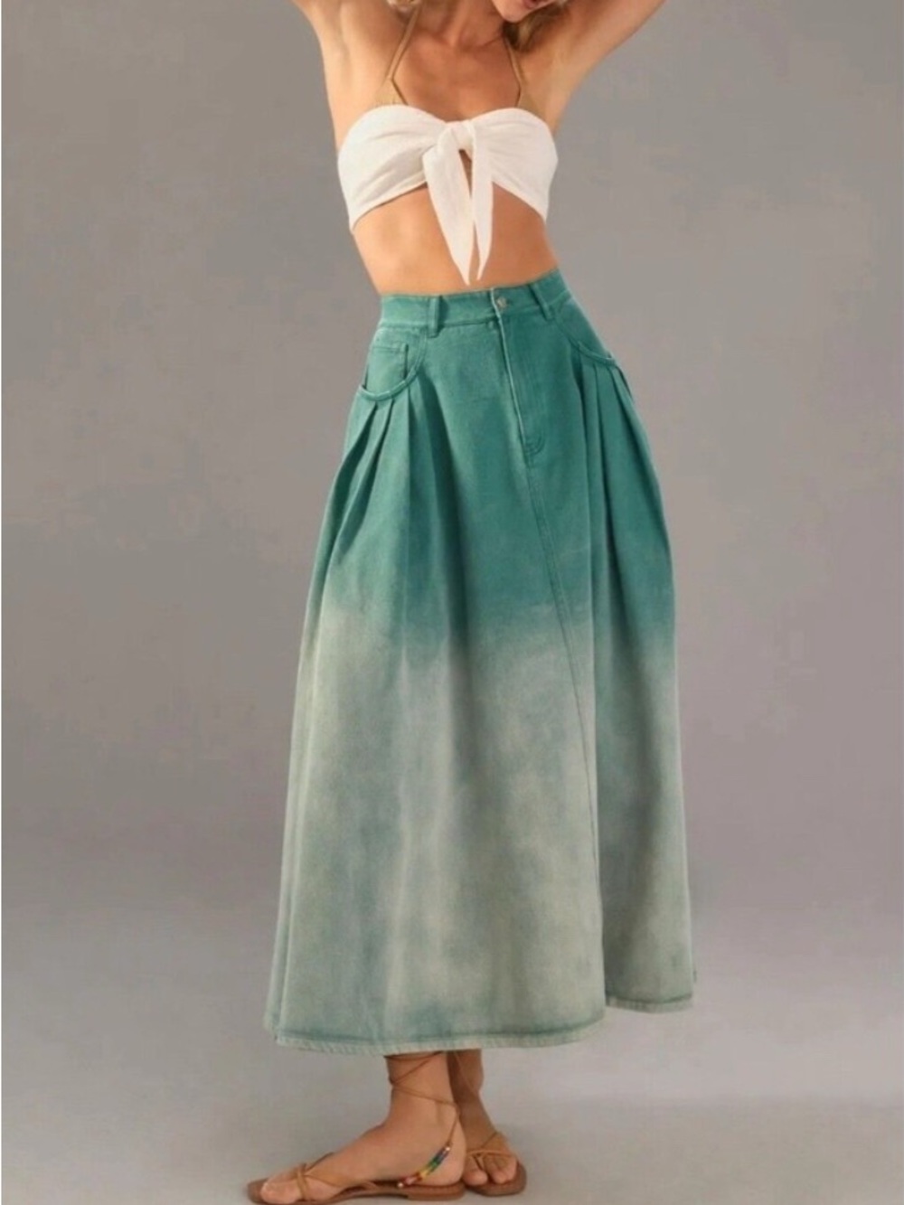Mare Mare x Anthropologie Pleated Ombre Denim Maxi Skirt XS Cottagecore